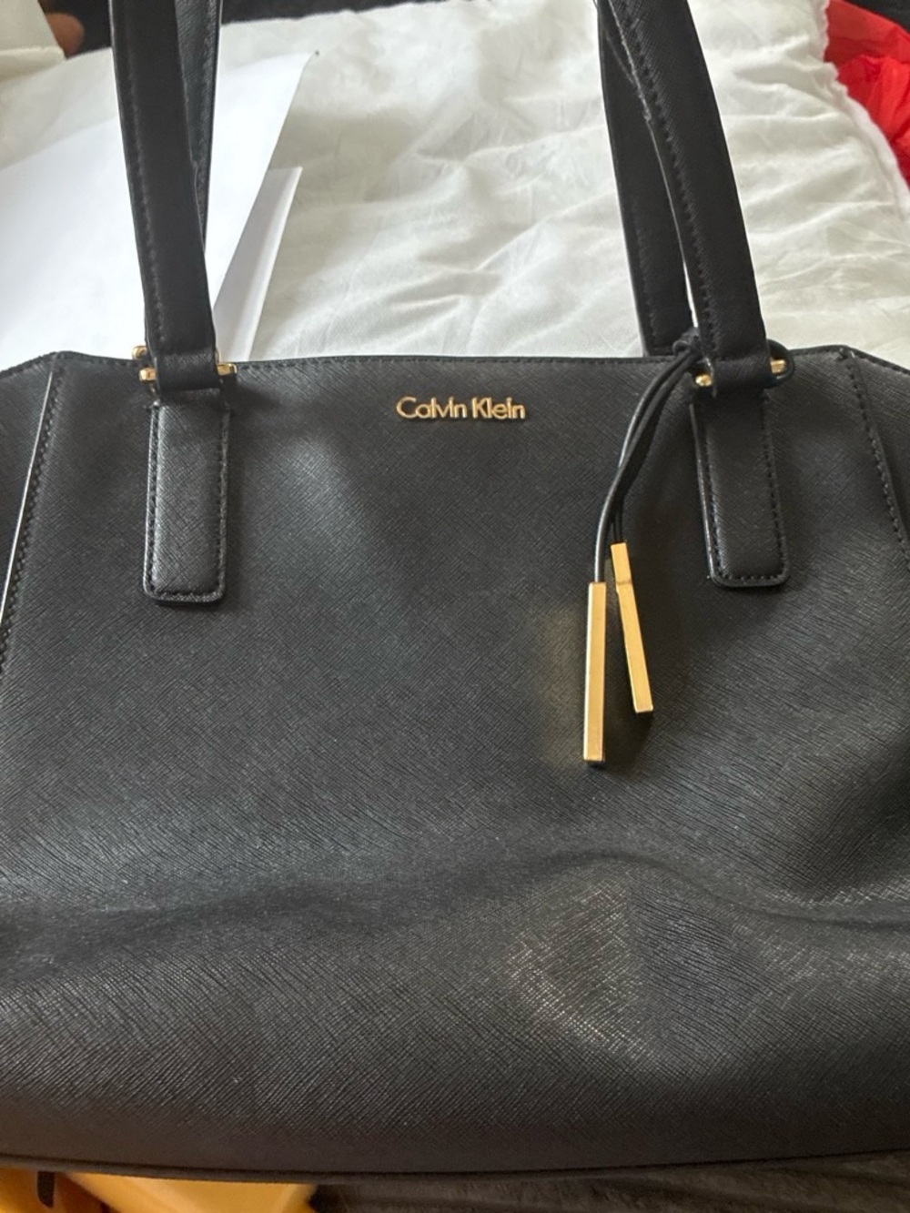 Calvin Klein Black Leather Shoulder Tote with Gold Accents